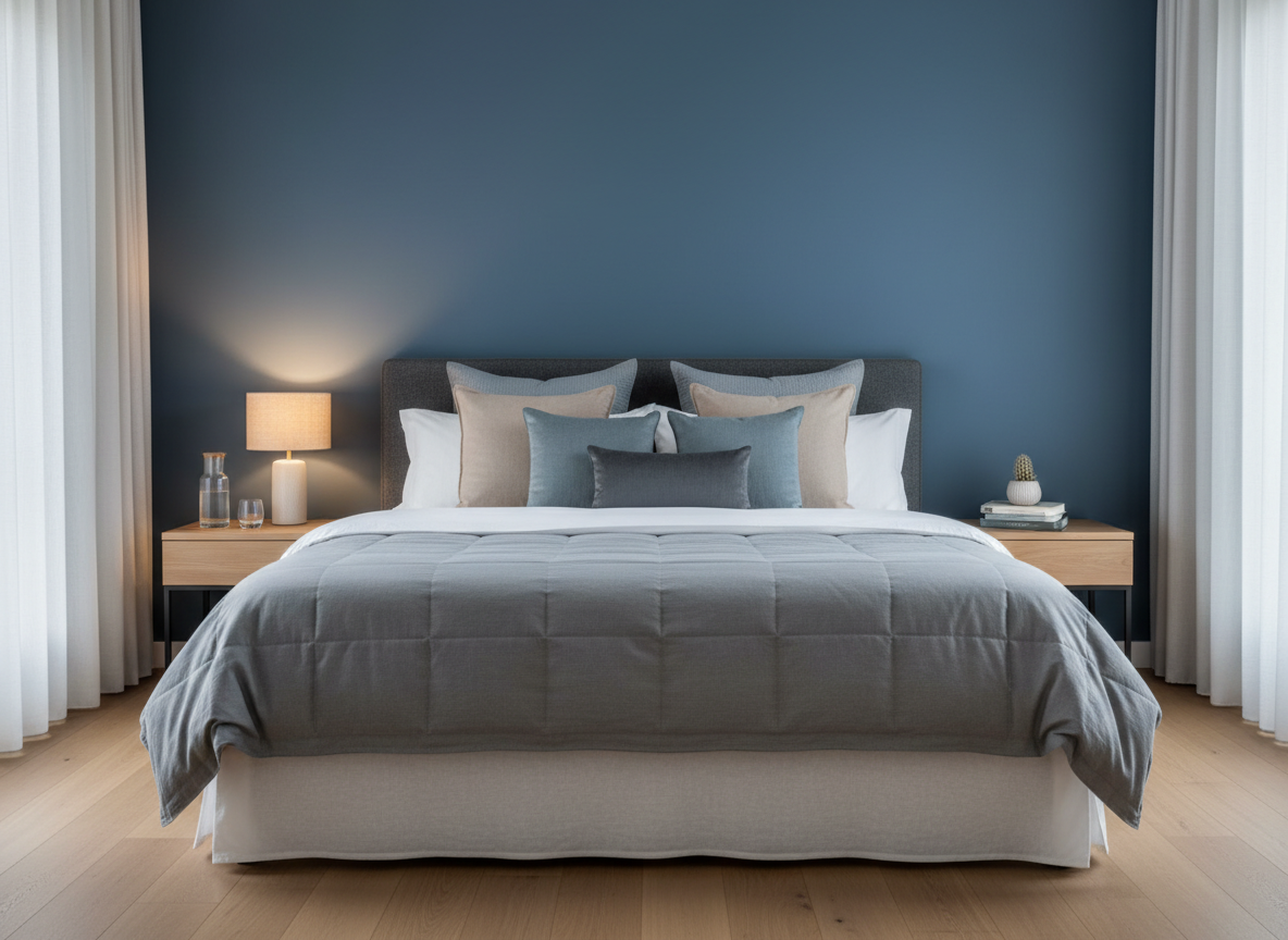 A luxurious, neatly made king-sized bed with crisp white linen sheets, a soft dove-gray quilted duvet, and a carefully layered arrangement of plush pillows in muted sand and slate tones. The bed is centered against a matte, deep-blue accent wall that evokes twilight. A minimalist oak nightstand holds a single glass carafe of water and a small ceramic lamp with a warm linen shade. Soft, diffused evening light filters through sheer curtains, casting gentle, elongated shadows. Photographic realism, shot at eye level with a slightly wide angle, using shallow depth of field so the bed is in sharp focus while the background softly blurs, creating a serene, sophisticated atmosphere that suggests deep, restorative sleep.